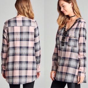 Tops - Pink Plaid Lace-Up Tunic Tops - Pink Plaid Lace-Up Tunic